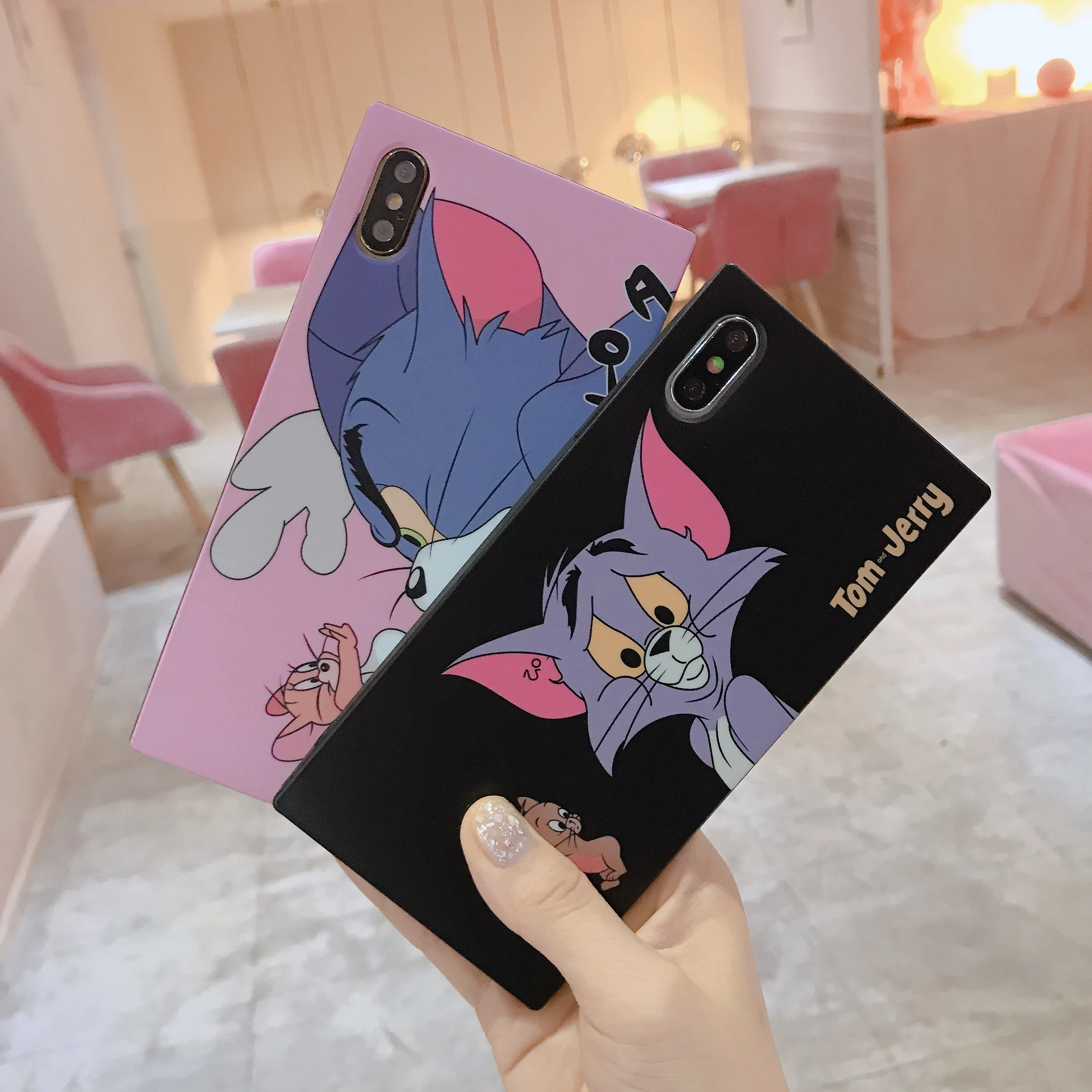 

Cute Cartoon Square IMD Phone Case For iPhone X XS Max XR 6 6S 7 8 Plus Funny Cat and Mouse Frosted black edge Soft Silicone Pr