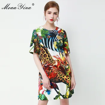 

MoaaYina Fashion Designer dress Spring Summer Women's Dress Half sleeve Beaded Floral-Print Loose Dresses