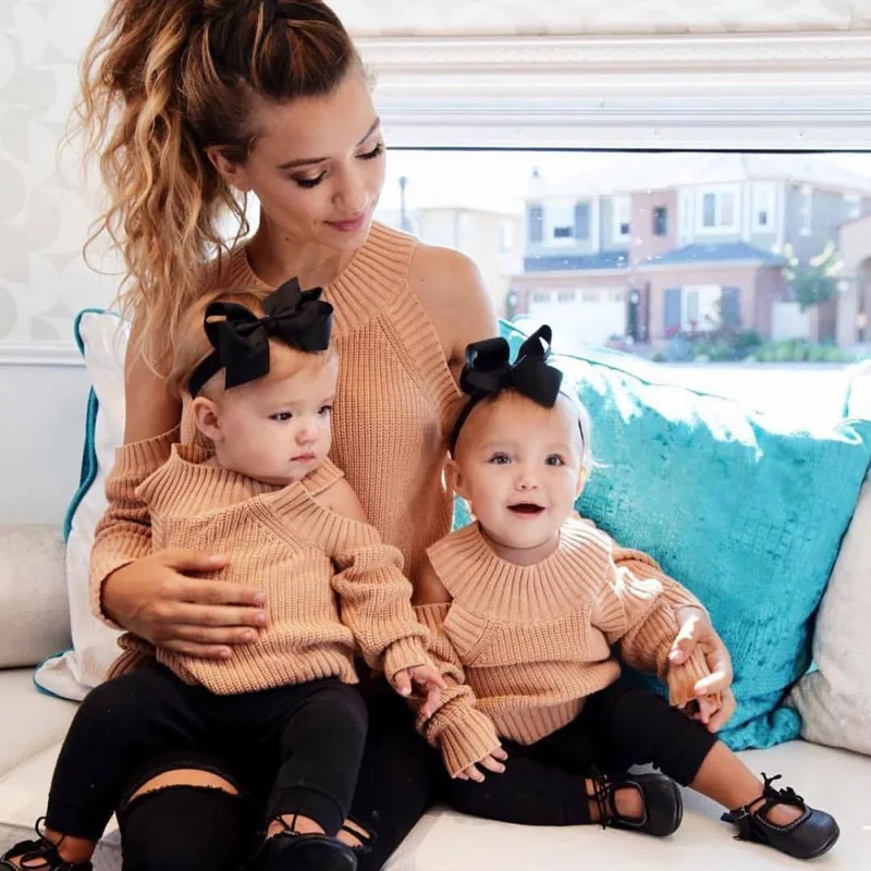 

Autumn Winter Knitted Cold Shoulder Sweater For Women Striped Long-sleeved Parent-Child Cute Sweater