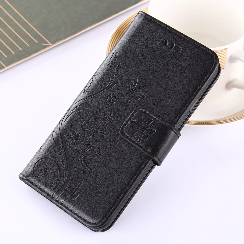 Кожаный чехол-книжка с бабочкой и цветами для iphone 11 Pro XS Max XR XsMAX X 10 5 5S SE 6 6s 7 Plus 8 plus, мягкий чехол-кошелек для телефона - Цвет: Черный