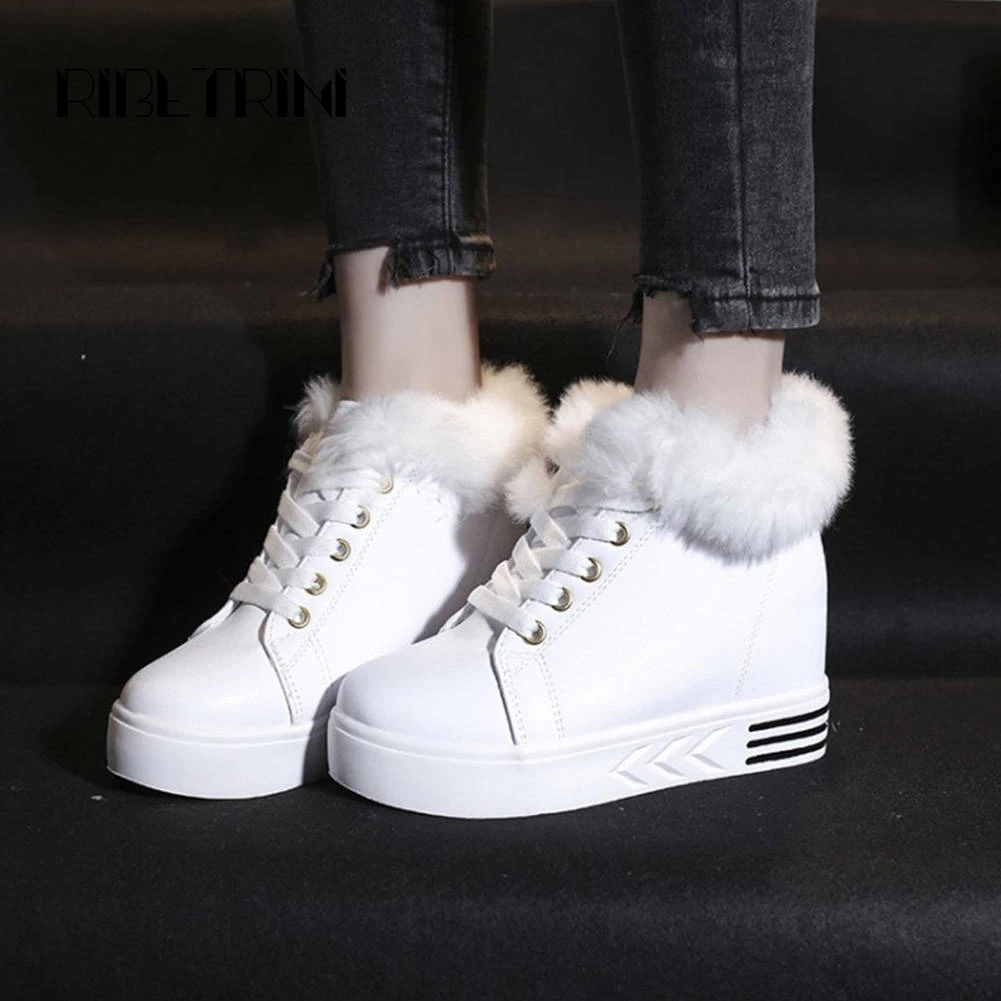 

RIBETRINI Fashion Women's Winter Fur Sneakers 2019 Thick Flat Platform Shoes Woman Lace Up Hight Top Ankle Sneakers