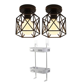 

2 Pcs Ceiling Light Industrial Square Cage Metal Iron Retro Chandelier & 1x Toilet Towel Bathroom Rack Wall Mount Holder