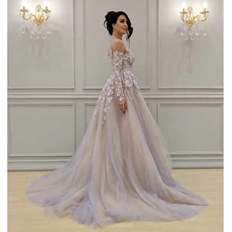 HWTX_Bridal, Саудовская Аравия, вечернее платье,, сиреневое, длинный рукав, кружево, тюль, а-силуэт, длинное платье для выпускного вечера, Vestidos de fiesta de noche