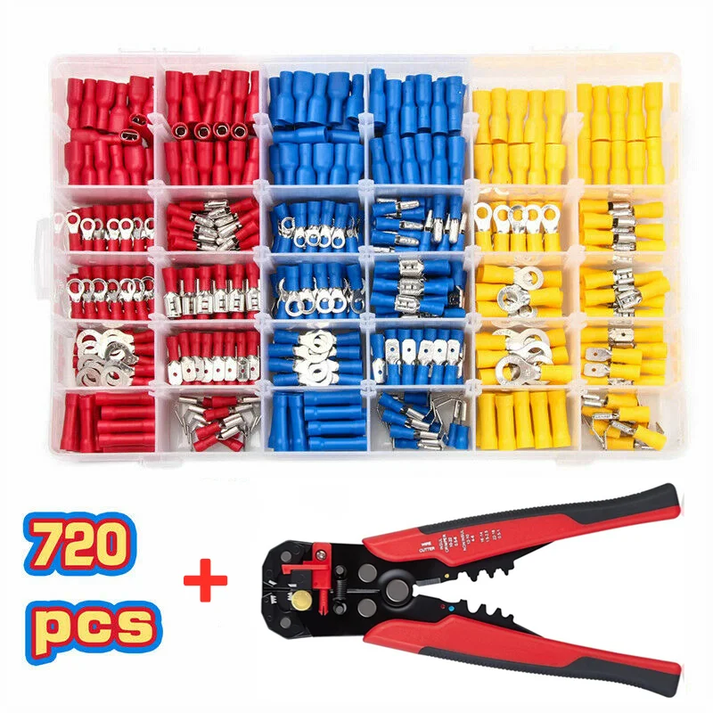 720PCS Insulated Cable Connector Electrical Wire Crimp Spade Butt Ring Fork Ring Lugs Rolled Terminals + Self Adjusting Plier