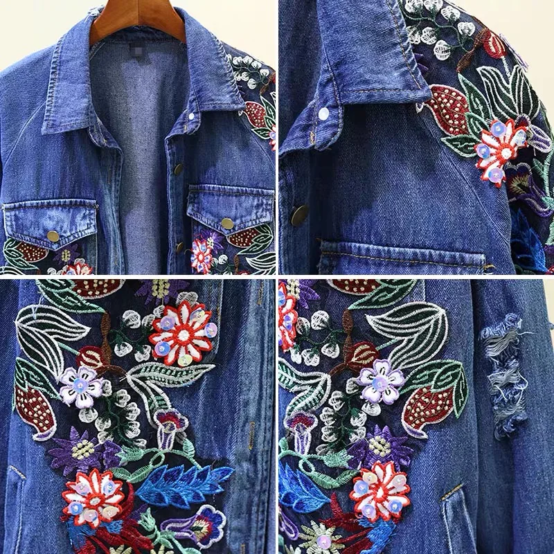Floral Embroidery Denim Jacket Coats Women Spring Autumn Long Ripped Beading Tassel Jeans Jackets 2019 woman new street coats