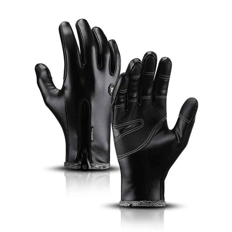 Men Cycling Gloves Winter Warm Leather Fleece Waterproof Windproof Touch Screen Bicycle Outdoor Full Finger Bike Ski Mittens