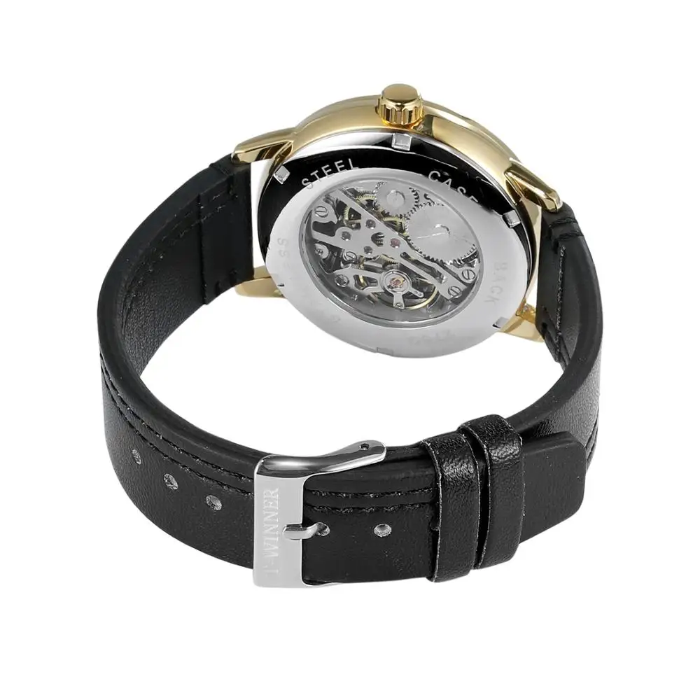 T-WINNER Men's and Women's Watches White Dial Gold Case Black Strap Automatic Mechanical Watch Fashion Simple Casual