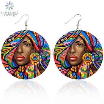 

SOMESOOR Afrocentric Ethnic Fabric Headwrap Design Wooden Drop Earrings Colorful Black Culture Painted Wood Loops For Women Gift