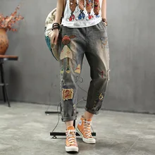 Летние джинсы женские Ретро свободные джинсы женский эластичный пояс карман вышивка лоскутное отверстие винтажные брюки