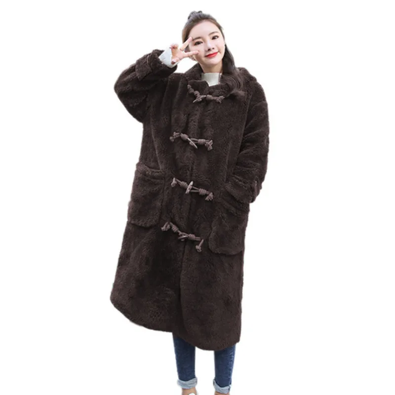 

2019 Dames Jassen Winter Coat Women Loose Long Horn Button Lamb Woolen Coffee Overcoat Clothes Manteau Femme Hiver Coats