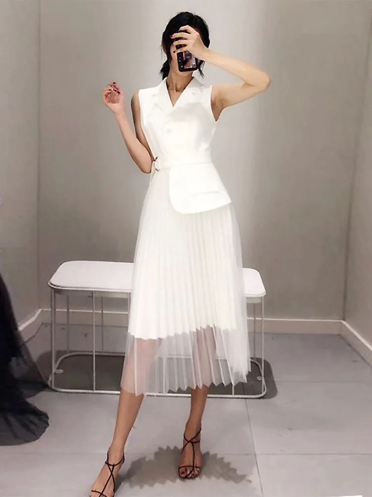 

Autumn Black White Notched Stitching Mesh Dress Office Lady Women Sleeveless Pleated Dress Formal Office Dress