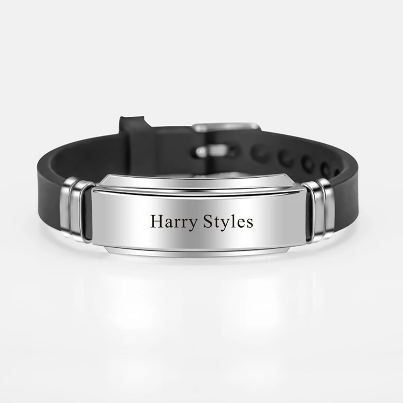 Гравировкой Harry Styles силиконовый браслет черный серебряный Цвет нержавеющая