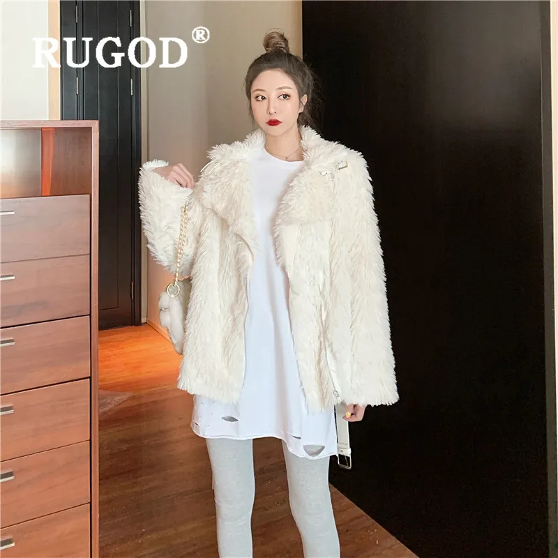 RUGOD модное пушистое пальто из овечьей шерсти, женское элегантное плотное зимнее пальто со стоячим воротником и длинным рукавом, корейское Новое флисовое пальто casaso