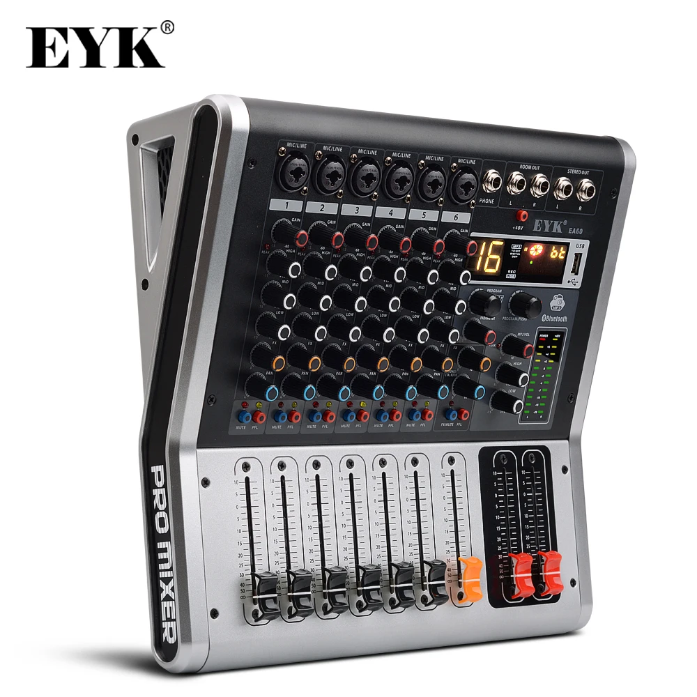 EYK EA60 6 каналов микшерная консоль с выключателем звука и PFL Bluetooth запись 3 диапазона 16 DSP Эффект Профессиональный USB аудио миксер EYK EA60 6 каналов микшерная консоль с выключателем звука и PFL Bluetooth запись 3 диапазона 16 DSP Эффект Профессиональный USB аудио миксер