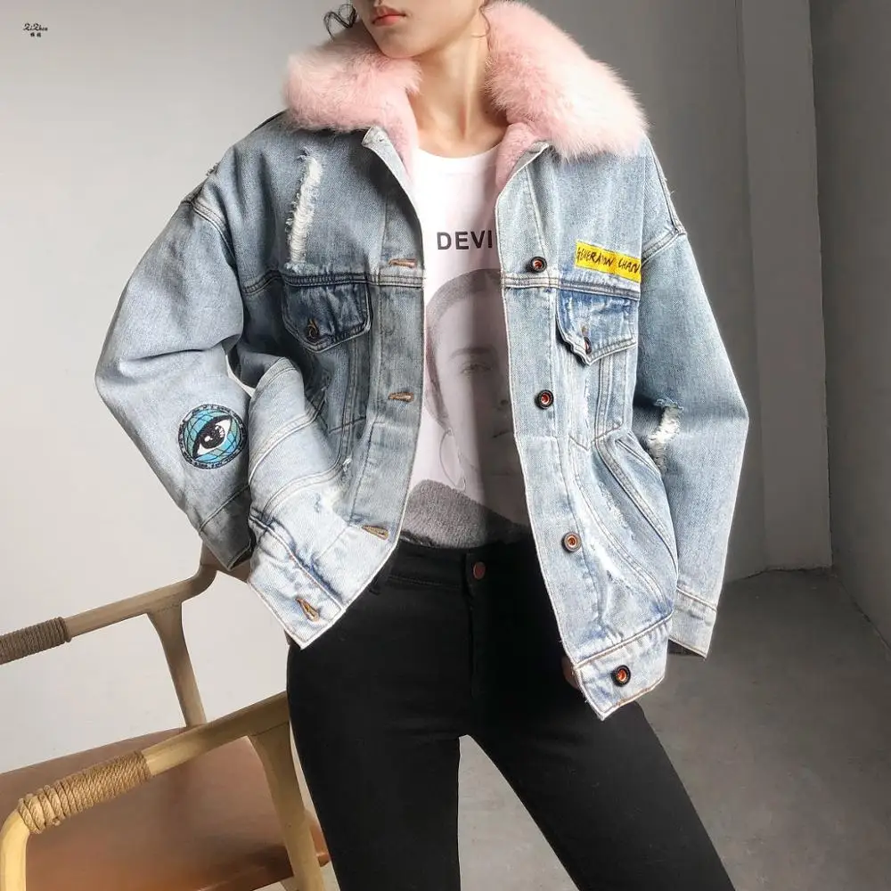 

ZiZhen Jacket Natural Rex Rabbit Fur Lining Thick Warm Fur Detachable Denim Blue 190903-1