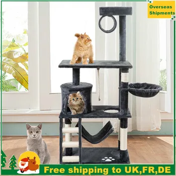

146cm Large Cat Tree Wood Scratching Post Multi-Level Cat Scratcher Activity Tree 3 Tier Cat Climbing Tower Furniture Cat House