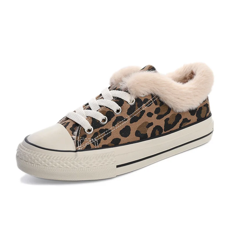 Зимняя теплая Модная парусиновая обувь на шнуровке с леопардовым принтом; женская утепленная повседневная обувь с леопардовым принтом; спортивные кроссовки - Цвет: low top