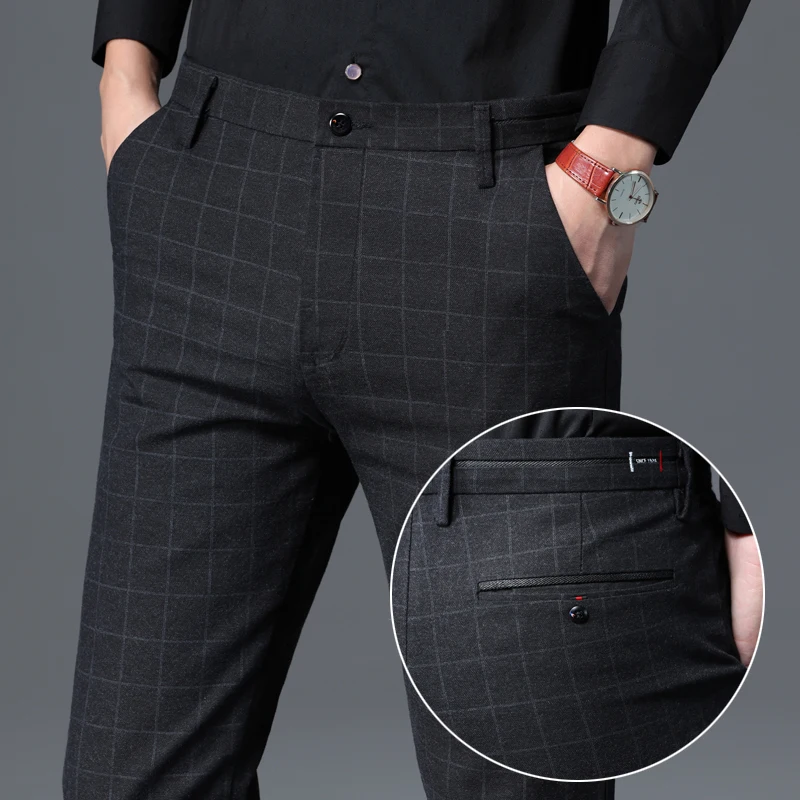 Casual Pants Autumn New Men's Slim Plaid Casual Pants Fashion Soft Stretch Business Work Trousers Gentleman Brand Clothes Black Blue