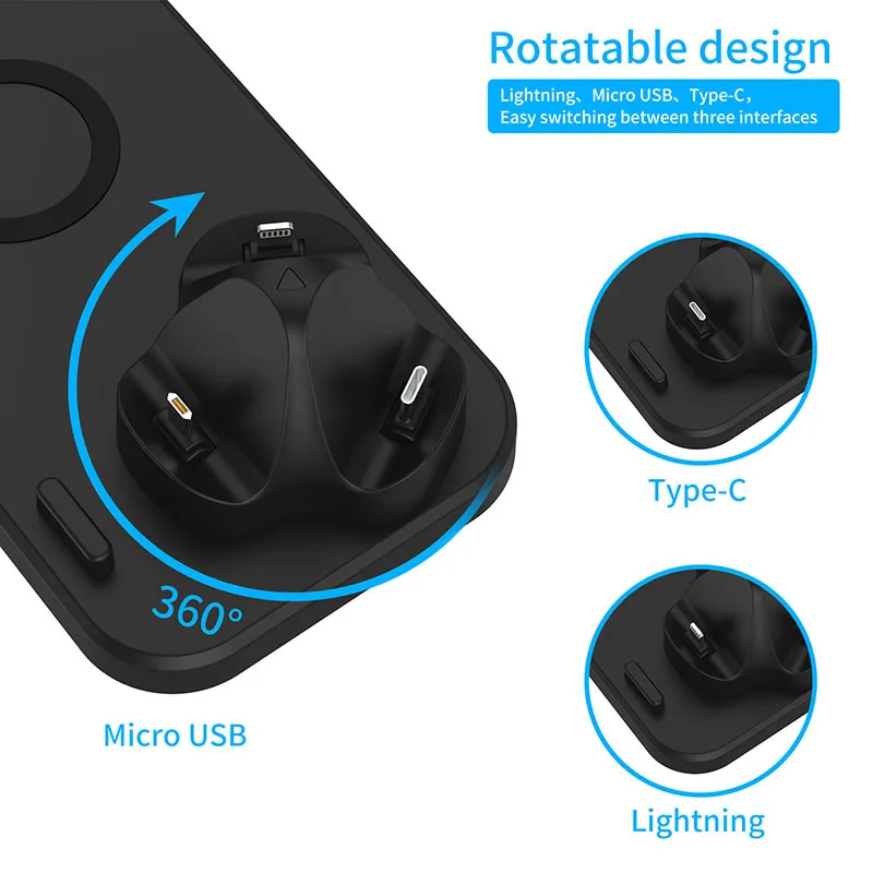 10W Qi Wireless Charger Station 6 in 1 pad Iphone Airpods Micro USB Type C Stand phone Chargers For Apple Watch airpods Charging