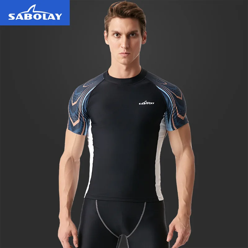 L-5XL Plus Size Surfing Swim Shirt Men Rash Guard Swimwear Rashguard Fast Dry Short Sleeve Swimsuit Swimming Sailing Diving Suit