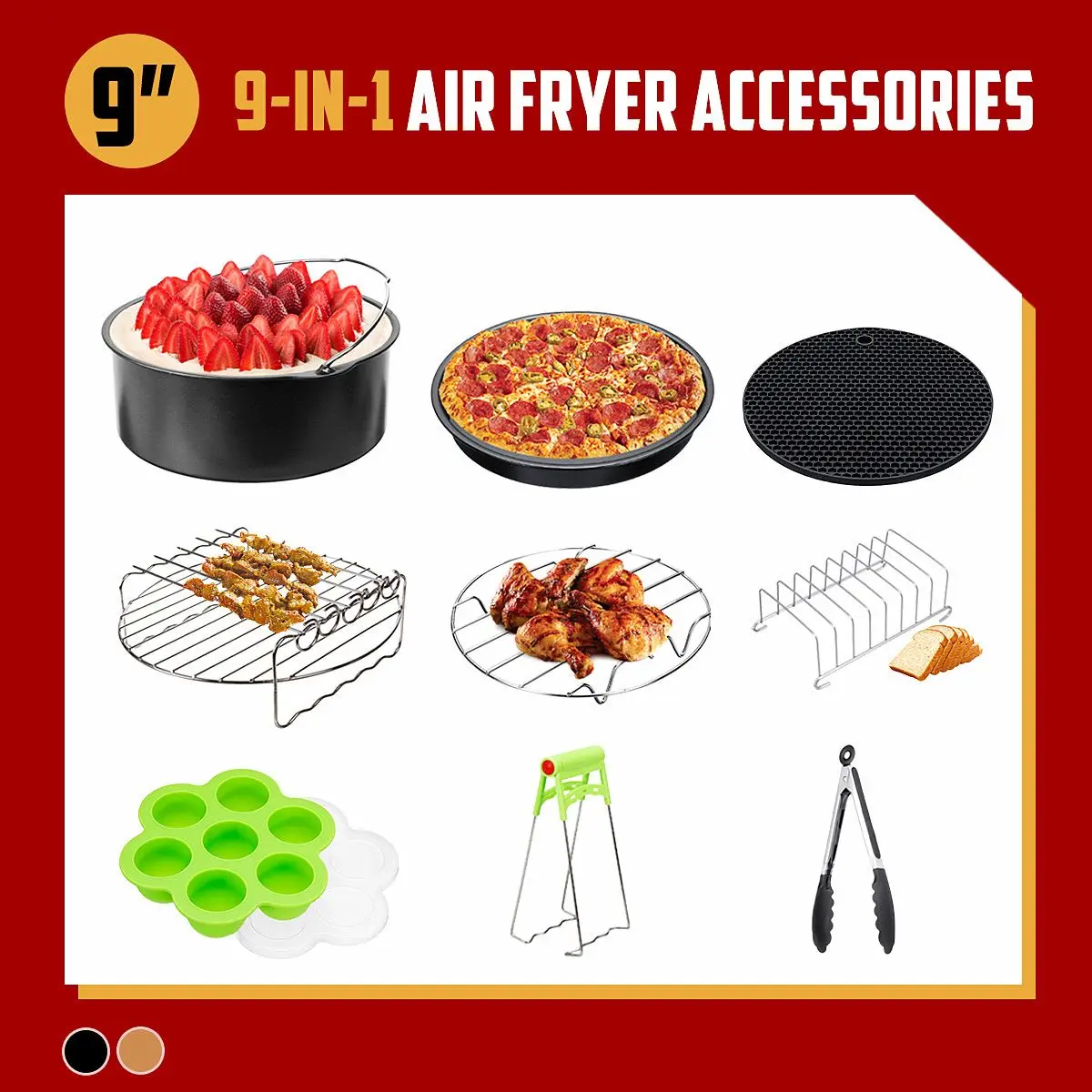 

9Pcs set Black/Gold 9'' Non-stick bbq Barbecue, Baking, Cooking Tools Air Fryer Accessories for 5.3-6.8QT Air Fryer Dropshipping