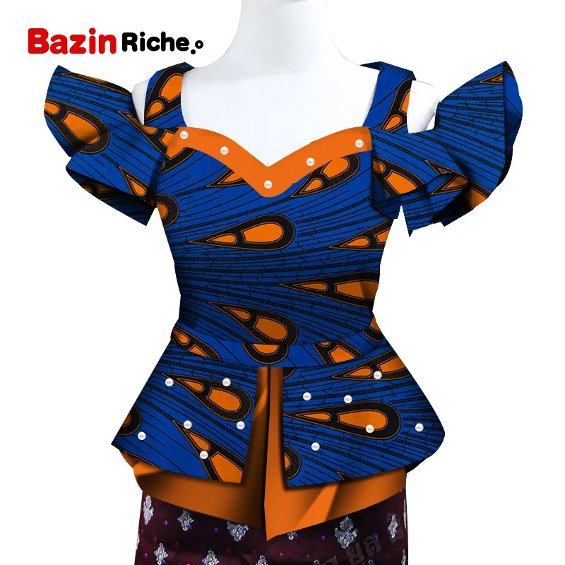 Fashion Shirt African Print Top for Women Bazin Riche Pearls Double Ruffles Top Cotton Dashiki African Clothing WY5096