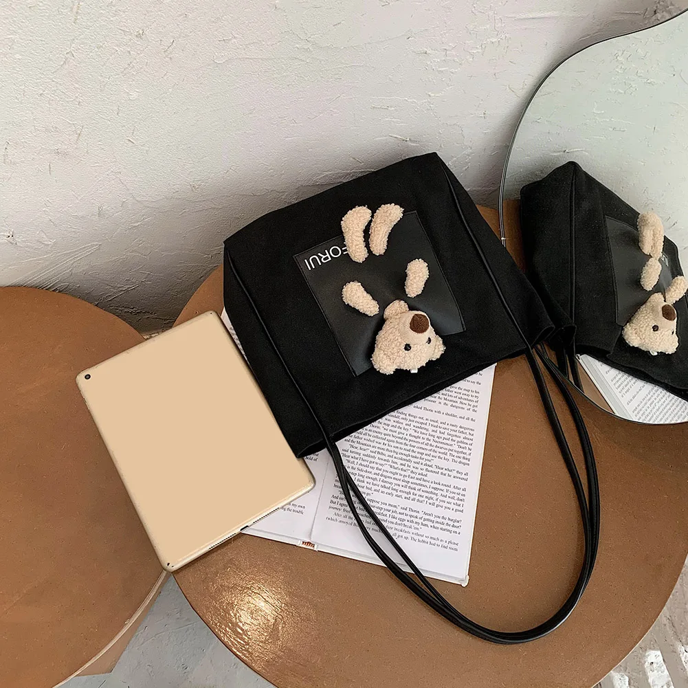 Sac à main en toile pour femmes, fourre-tout à la mode, décor de poupée d'ours, sac à bandoulière mignon, sac à poignée supérieure pour dames filles, Shopping quotidien