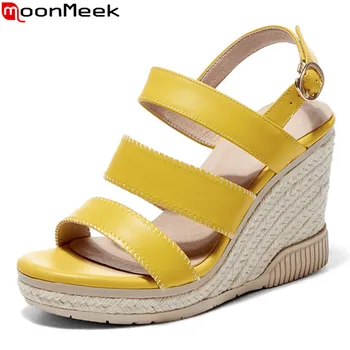 

MoonMeek 2020 Newest fashion wedges sandals genuine leather platform ladies shoes summer comfortable party shoes yellow beige