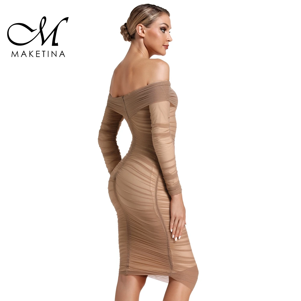 Maketina коричневое Бандажное платье Новое шифоновое облегающее платье с длинным рукавом и открытыми плечами женское сексуальное облегающее платье для вечеринки Клубное платье