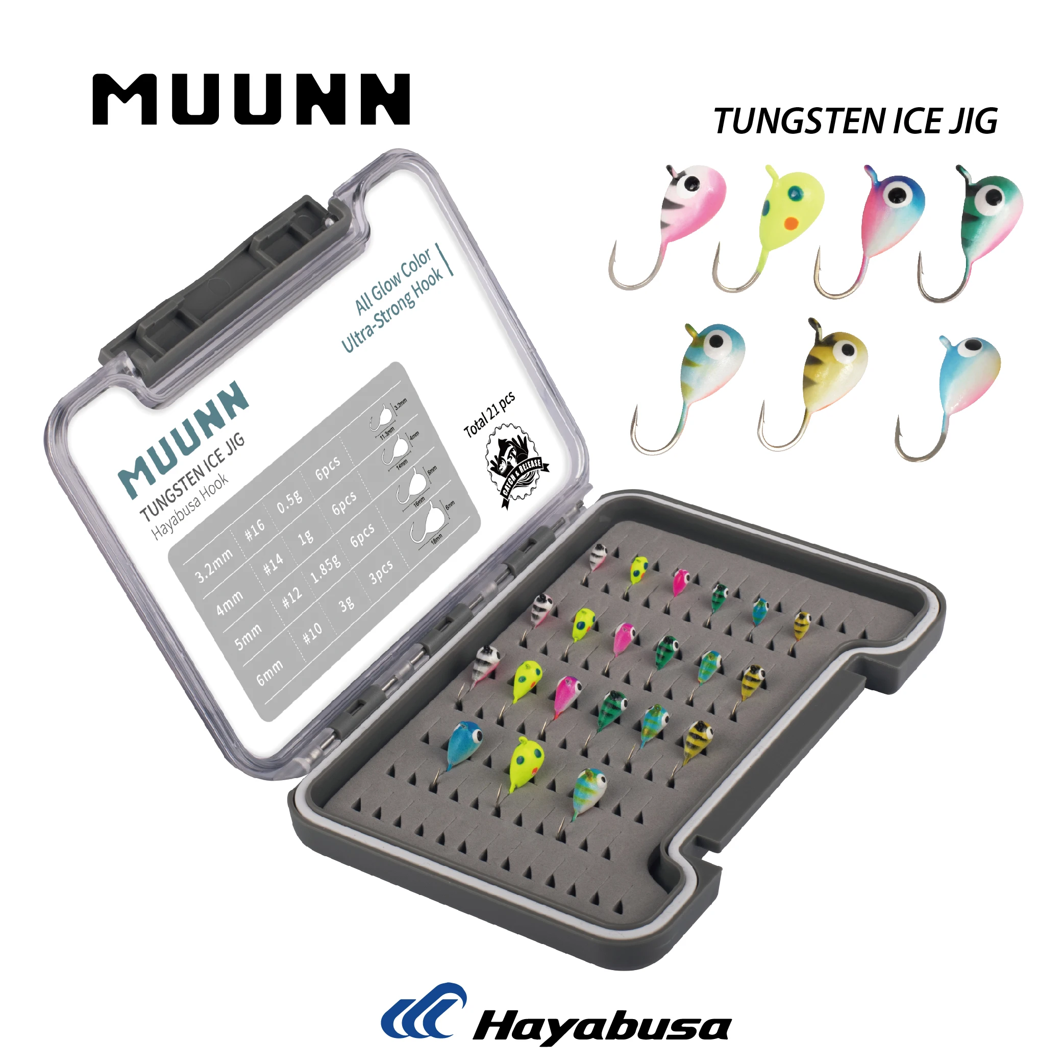 MUUNN Tungsten Ice Fishing Jig Head Set,Boxed 21PCS All Glow Color,0.50G -  3.00G Multicolor Hayabusa Hook Winter Ice Bait Perch