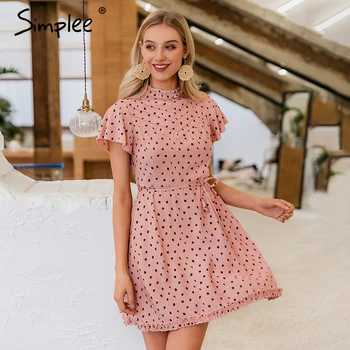 

Simplee Elegant leopard print women linen dress Short sleeve lace up female A-line dress Spring summer ruffle ladies mini dress