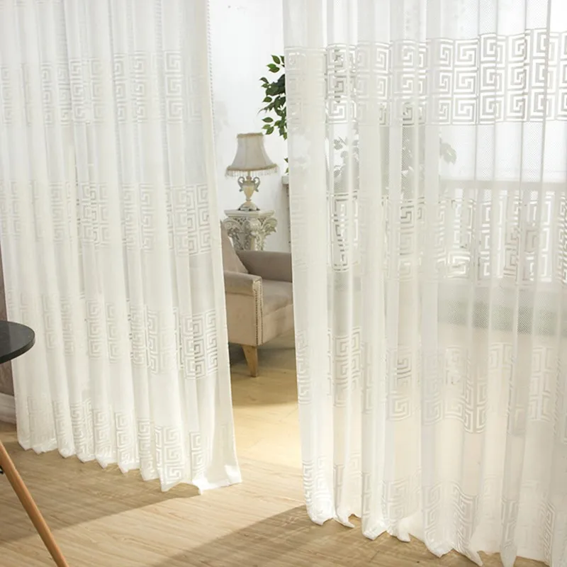 

White Curtains Delicate Geometric Elements Retro Breathable Window Screen Soft and Smooth Modern Minimalist Living Room Bedroom