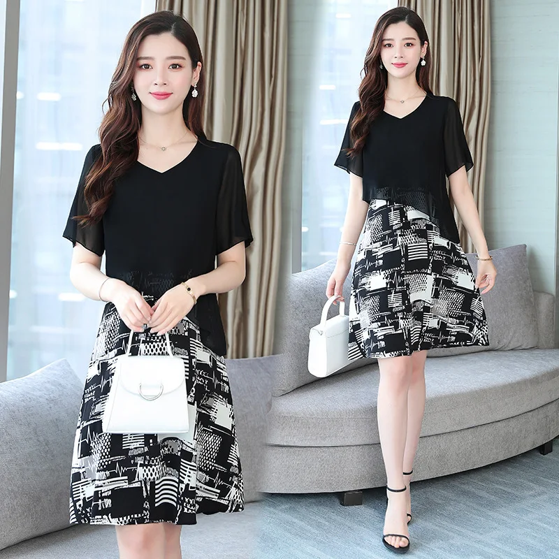 

Photo Shoot Large Size Dress 2019 Summer Large GIRL'S Loose-Fit Chiffon Mock Two-Piece Dress