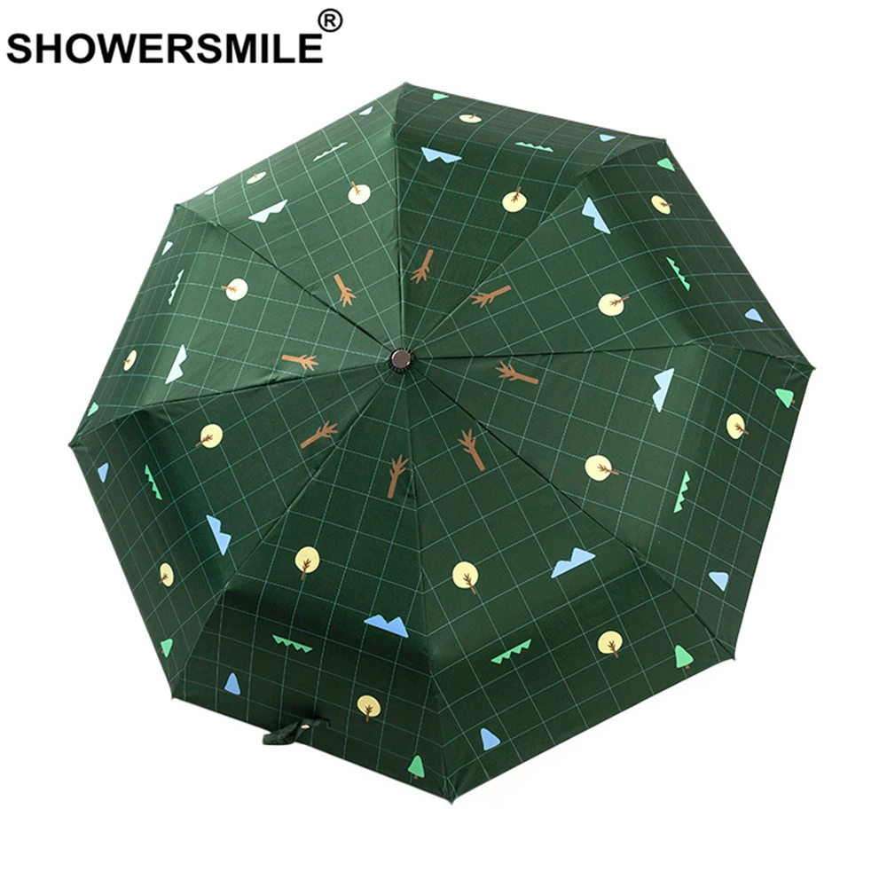 

SHOWERSMILE Green Umbrella Rain Women Tree Print Three Folding Waterproof Umbrella Automatic UV Protection Parasol