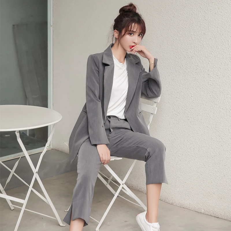 pearls fashion office set women 2 piece set long sleeve blazer autumn suit coat jackets ankle length pants suit