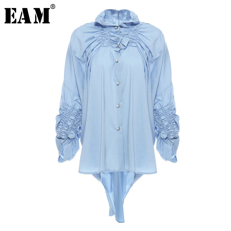 

[EAM] Women Blue Back Long Pleated Big Size Blouse New Stand Collar Long Sleeve Loose Fit Shirt Fashion Spring Autumn 2020 1N909