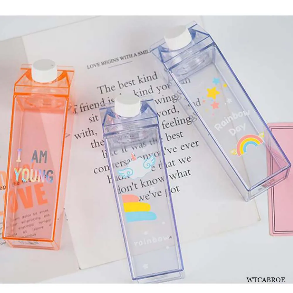 Water Bottle Sports Water bottle Plastic Clear Milk Carton Cute My Water Bottle Girls Reusable Juice Transparent Leakproof Cup Drinking