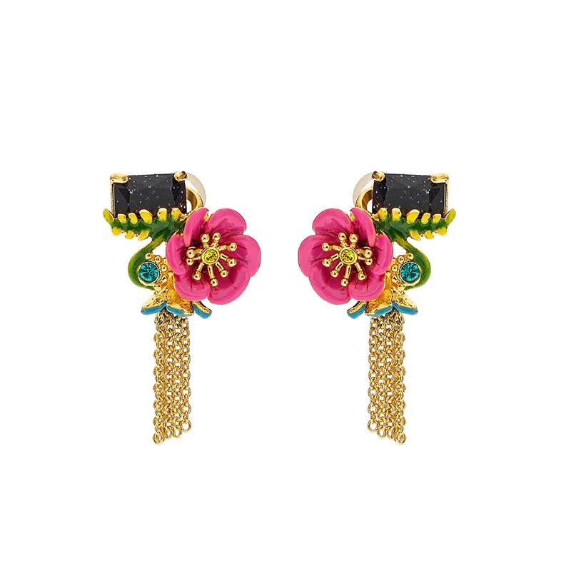 Juicy Grape Hand-painted Enamel Glaze Black Zircon Jewelry Pink Flower Stud Earrings Fashion Jewelrys | Украшения и аксессуары