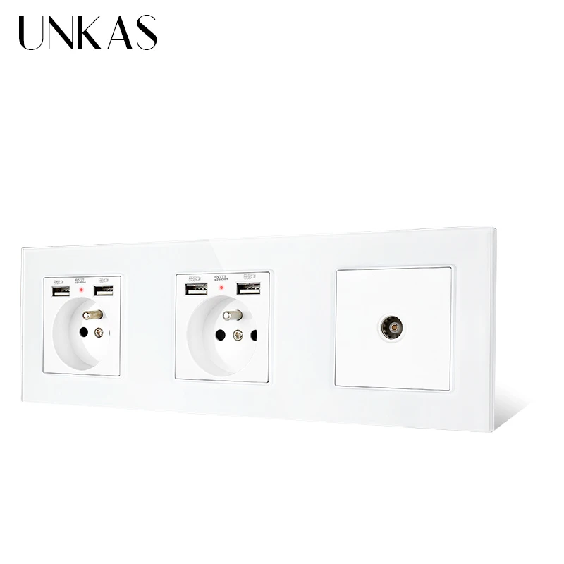 Двойная французская стандартная розетка со стеклянной панелью UNKAS с 4 USB портами