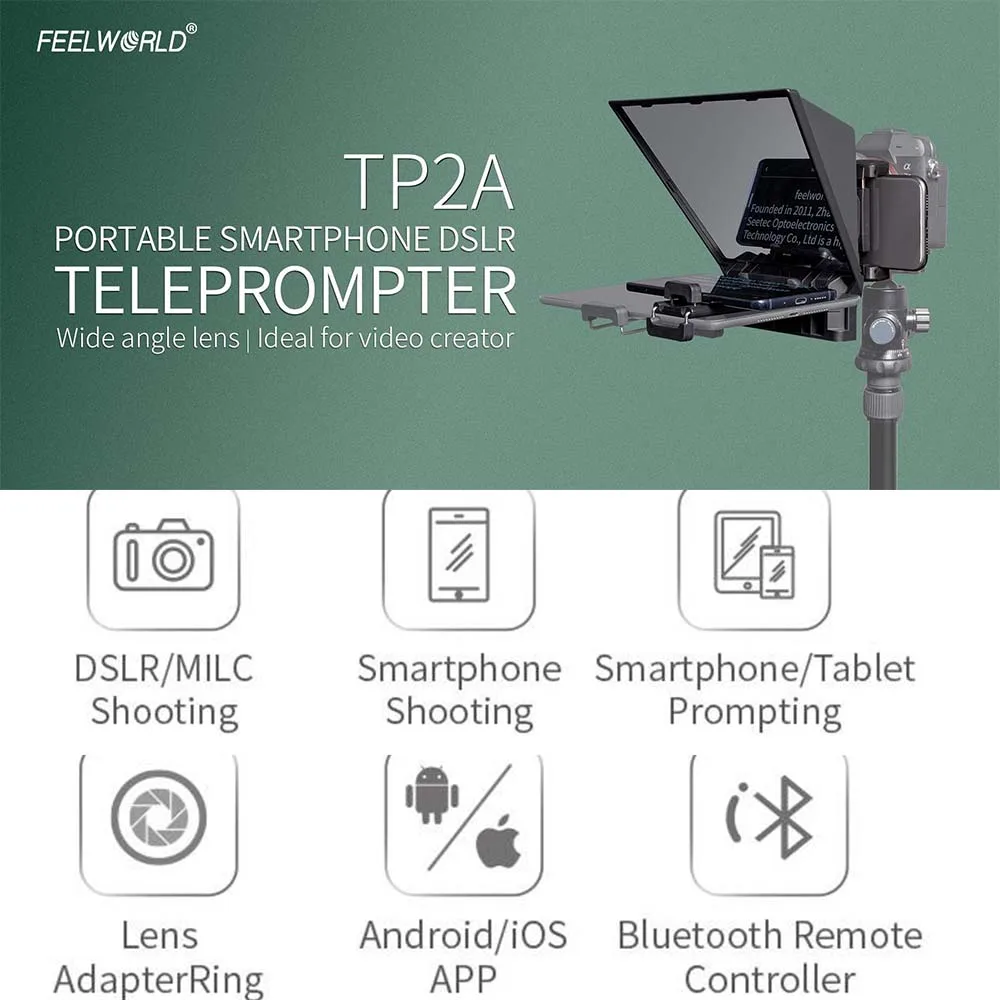 FEELWORLD TP2 TP2A Portable 8 Inch Teleprompter Supports Under 8" DSLR