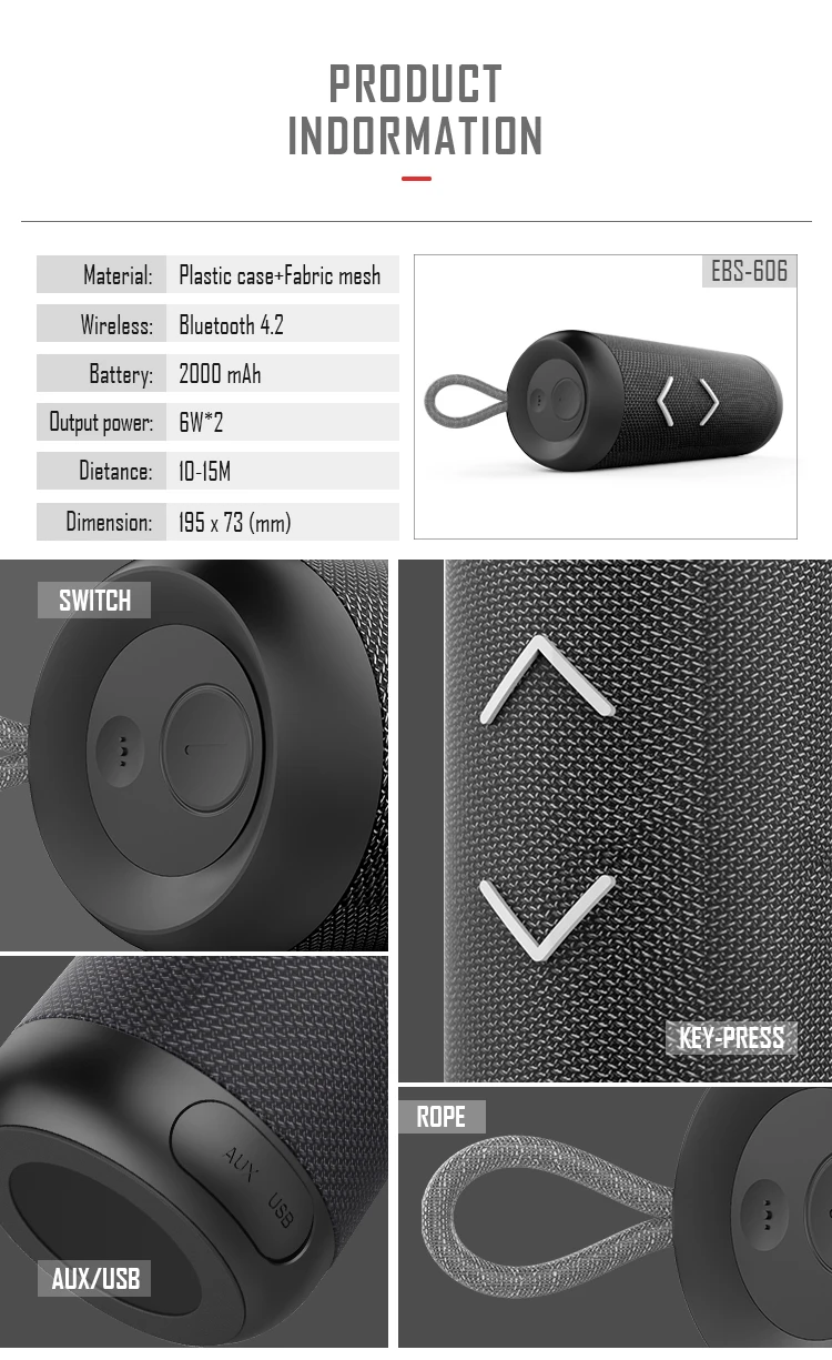 EBS 606 TWS Wireless Speaker Subwoofer 360 Full Stereo Bluetooth Speaker Surround Sound IPX6 Waterproof Portable mini column speaker outdoor loundspeak 14