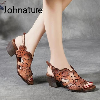 

Johnature Retro Casual High Heels Sandals Women Shoes 2020 New Spring Summer Genuine Leather Hook & Loop Platform Ladies Sandals