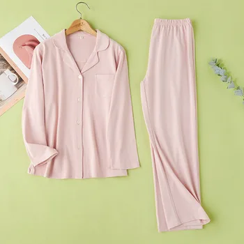 

Autumn Knitted Cotton Pajamas Women Sleep Clothes with Pocket Two Piece Set Long Sleeve Long Pants Women Pijama Home Clothes