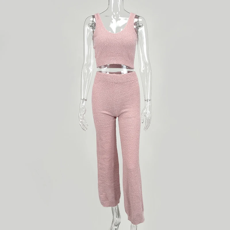 NewAsia Fluffy Two Piece Set Lounge Sexy 2 Piece Set Women Sweater knit Set Tank Top And Pants Casual Homewear Outfits Home Suit