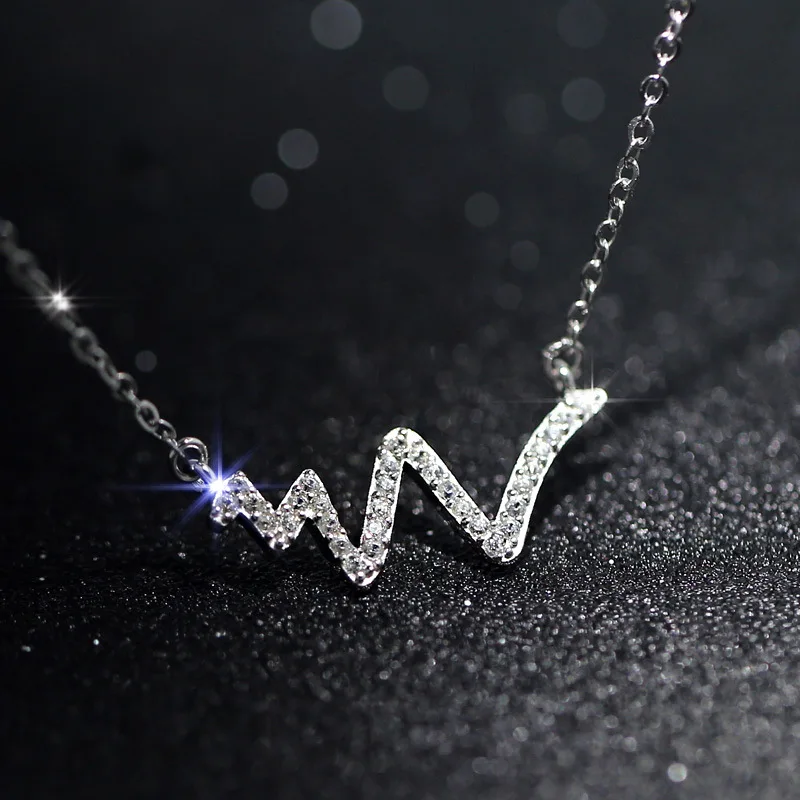 

Valentine's Gift 925 Sterling Silver Heart Wave Chic Zircon Crystal Around Heartbeat Pendant Necklace For Women Chain Choker