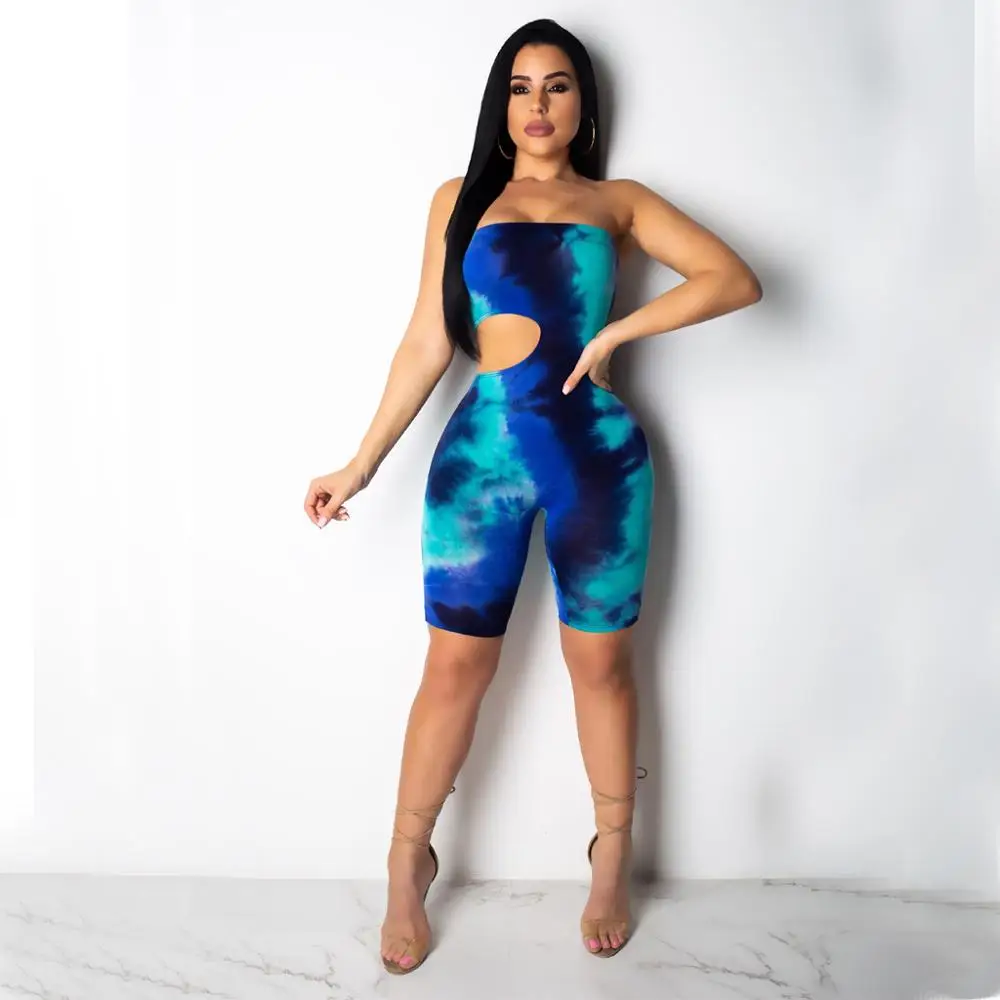 Цветные короткие комбинезоны с принтом Tie Dye, модные повседневные женские комбинезоны без бретелек без рукавов с вырезами A8100G
