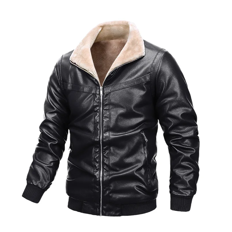 

New 2020 Plus Velvet Motorcycle Leather Jacket Men Solid Color Casual Lapel Warm Men's Jacket Winter Zipper PU Mens Jacket