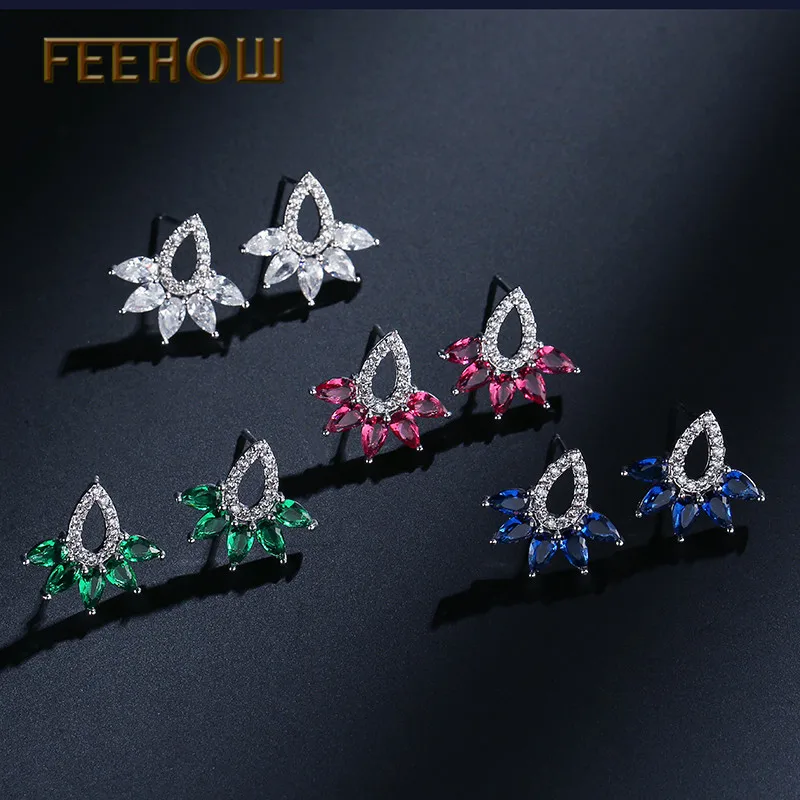 FEEHOW прозрачная капля кубический циркон серьги гвоздики модные капли воды полые