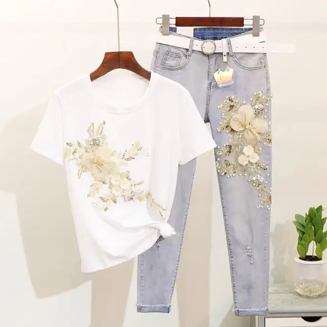 Women Casual Two Piece Set Heavy Sequins 3d Flower Embroidery Tshirts + Holes Jeans 2pcs Sets Female Summer Fashion Denim Suits