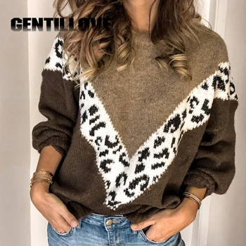 

Spring Loose Warm Pullover Women Tops Casual Patchwork Knitted Sweater Jumper Pull Leopard Print Female Oversize Thick Sweater